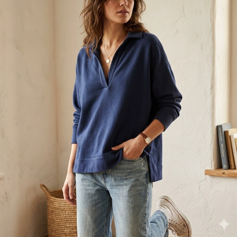 J.Crew University Terry V-neck Polo Shirt Womens Medium Blue V-Neck Oversized